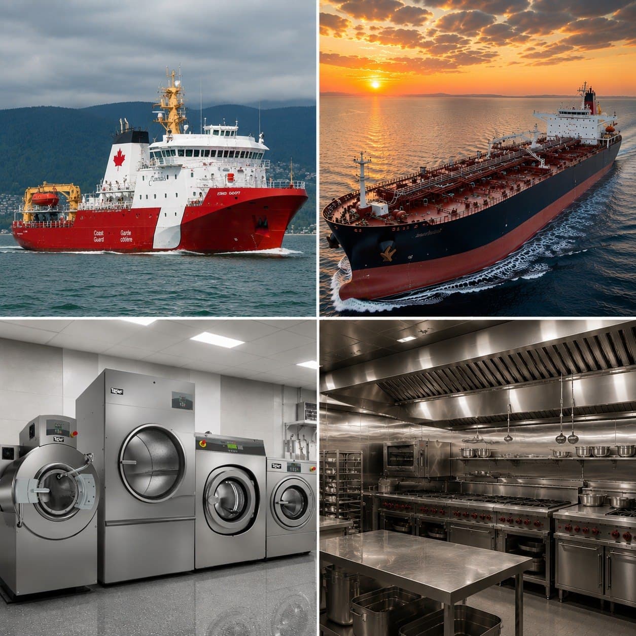Coast Guard vessel, oil tanker, industrial laundry equipment and a commercial kitchen — the marine and industrial systems serviced by Jason Garland Electrical
